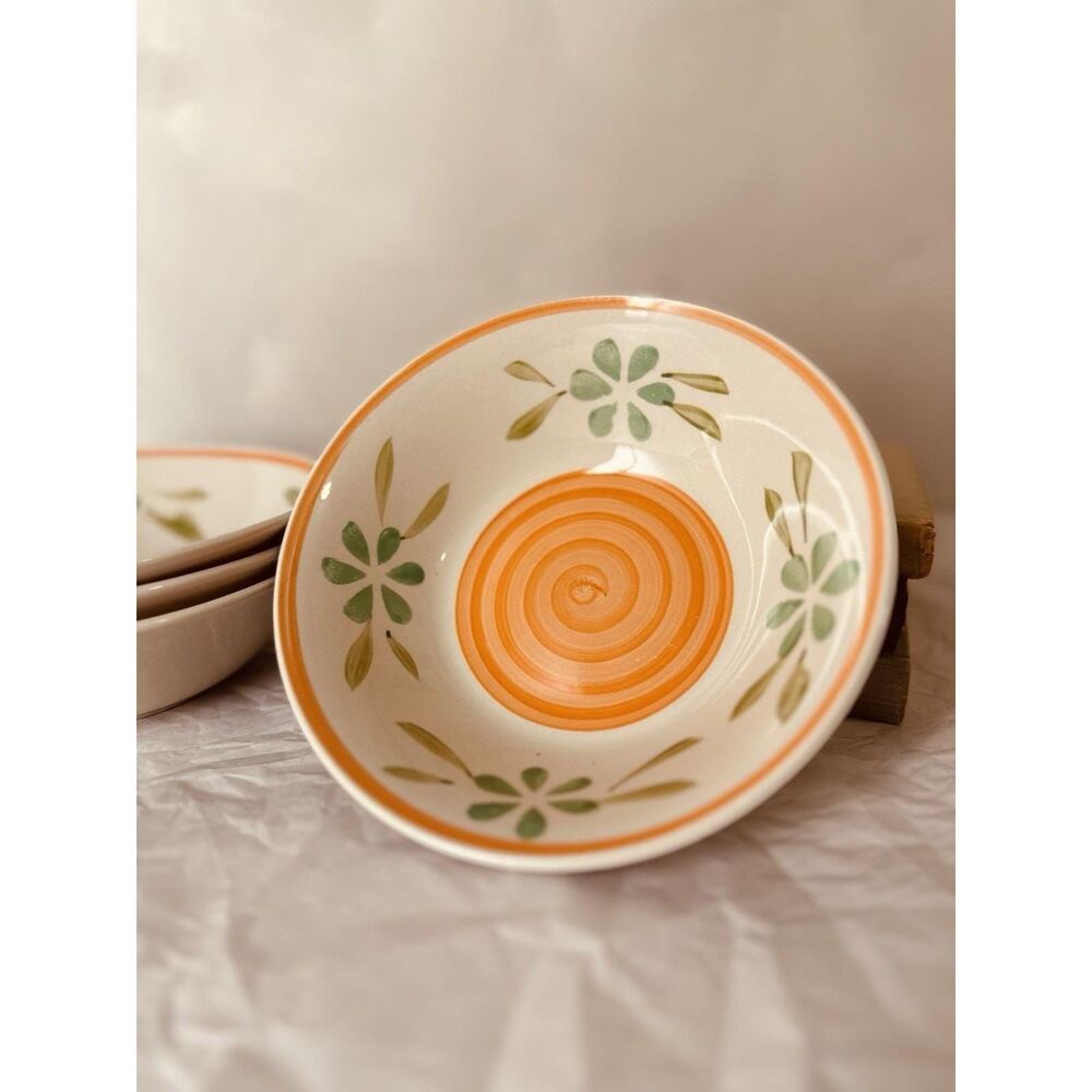 Vintage Gibson Floral Swirl Stoneware Bowls, Set of 4, Orange Green Cream Colorf